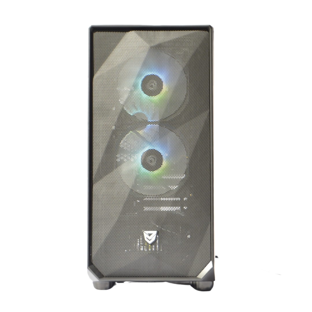 Una caja de computadora con dos ventiladores iluminados visibles detrás de un panel frontal de malla.