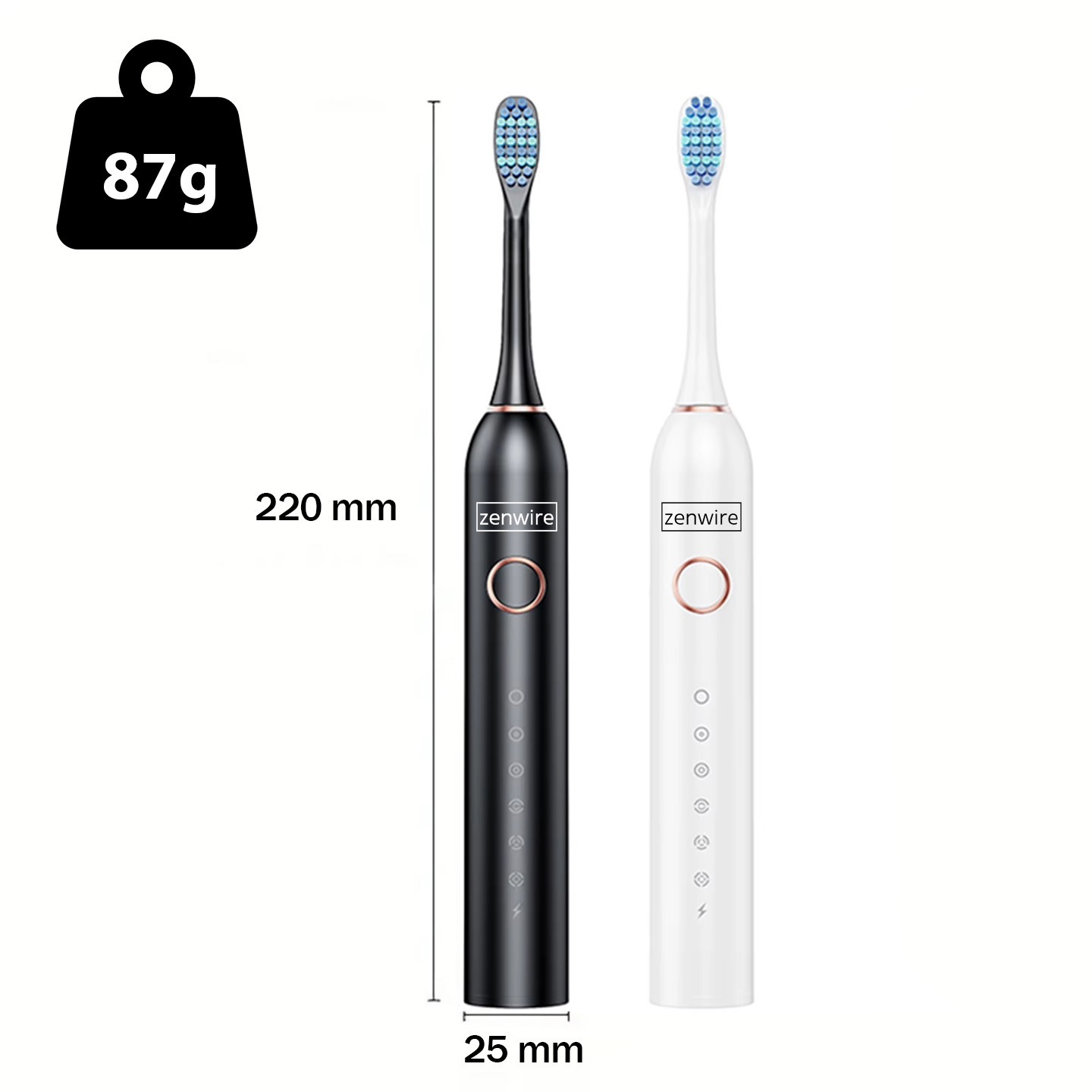 Dwie elektryczne szczoteczki do zębów, jedna czarna, jedna biała z etykietami wymiarów, na białym tle.