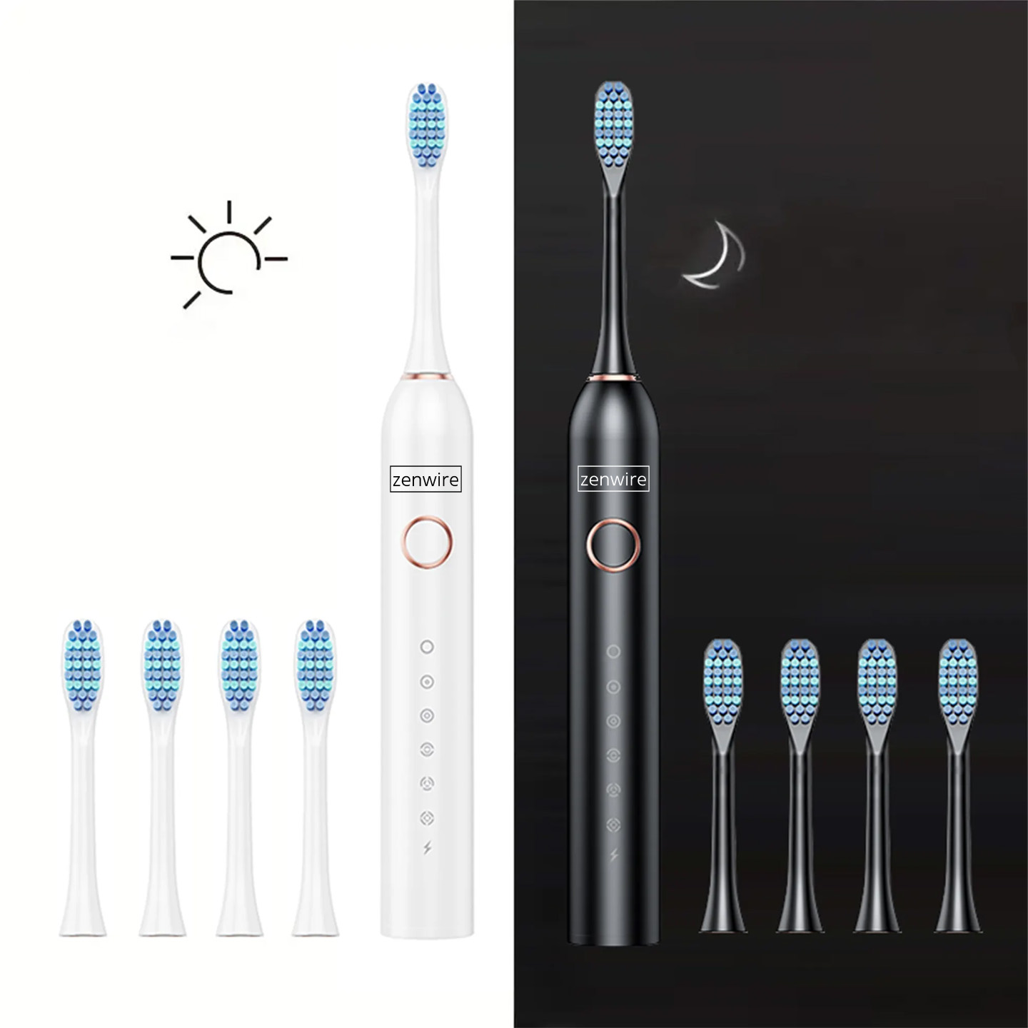 Dwie elektryczne szczoteczki do zębów, jedna biała i jedna czarna, z dodatkowymi końcówkami.