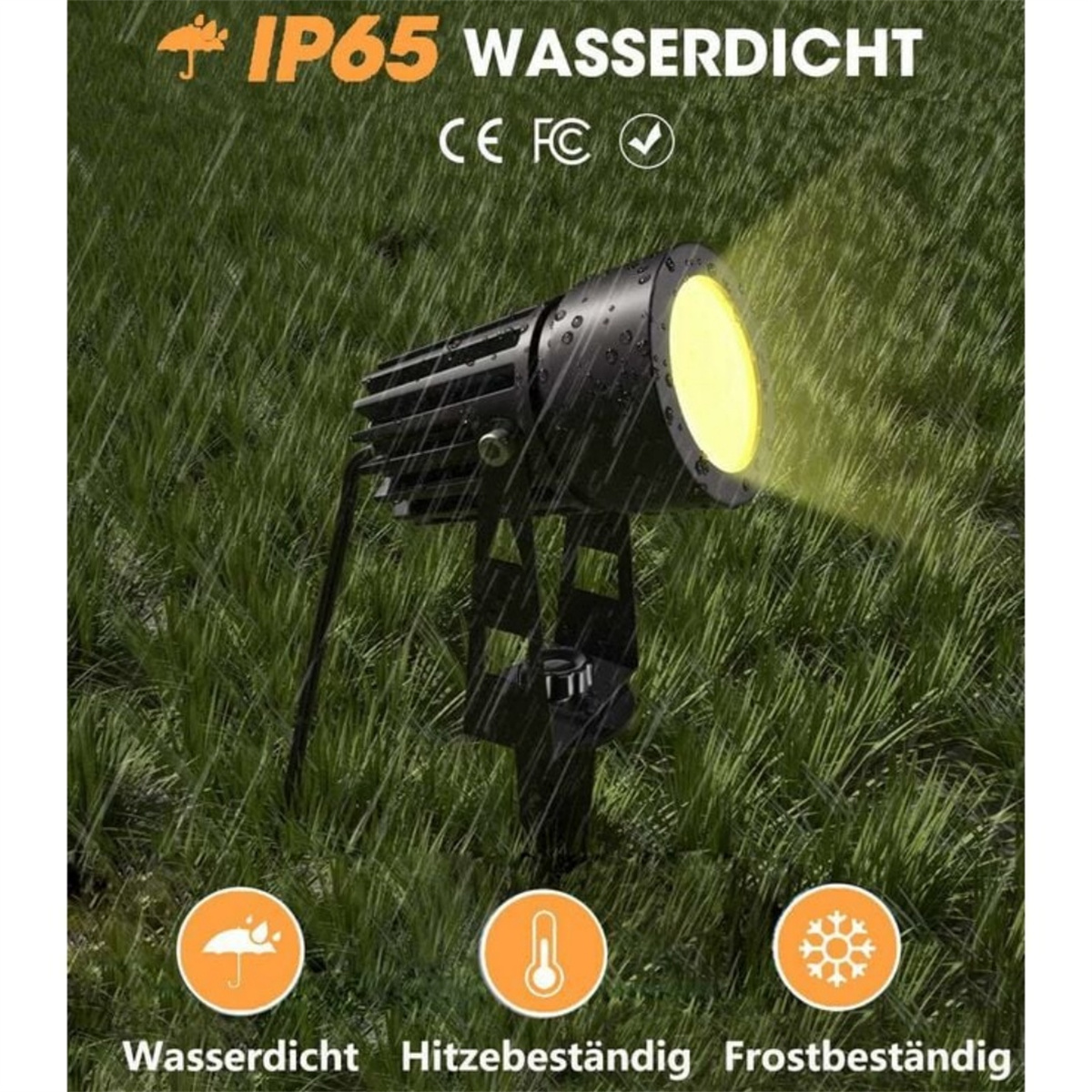 Schwarzer Outdoor-Spot beleuchtet grünes Gras. Text sagt IP65 wasserdicht, CE und andere Infos.