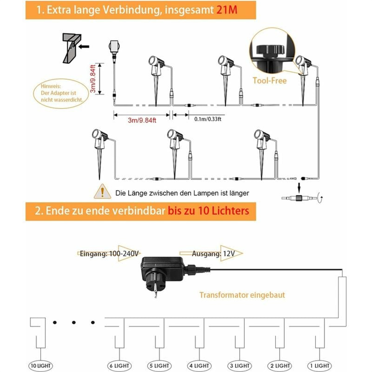 Diagramm von Außenleuchten und Transformator mit Abmessungen und Warnhinweisen.