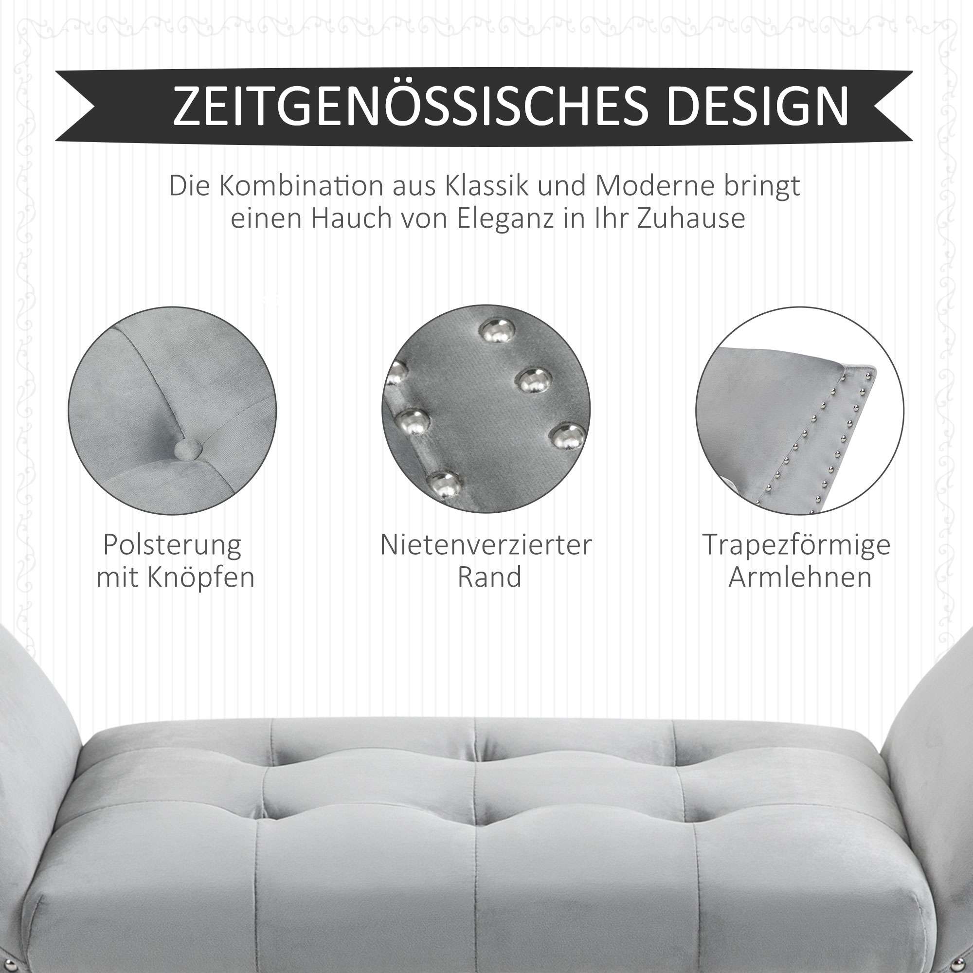 Graue gepolsterte Bank mit Knopfdetails. Mit geknöpftem Kissen, beschlagener Kante und Armlehnen.