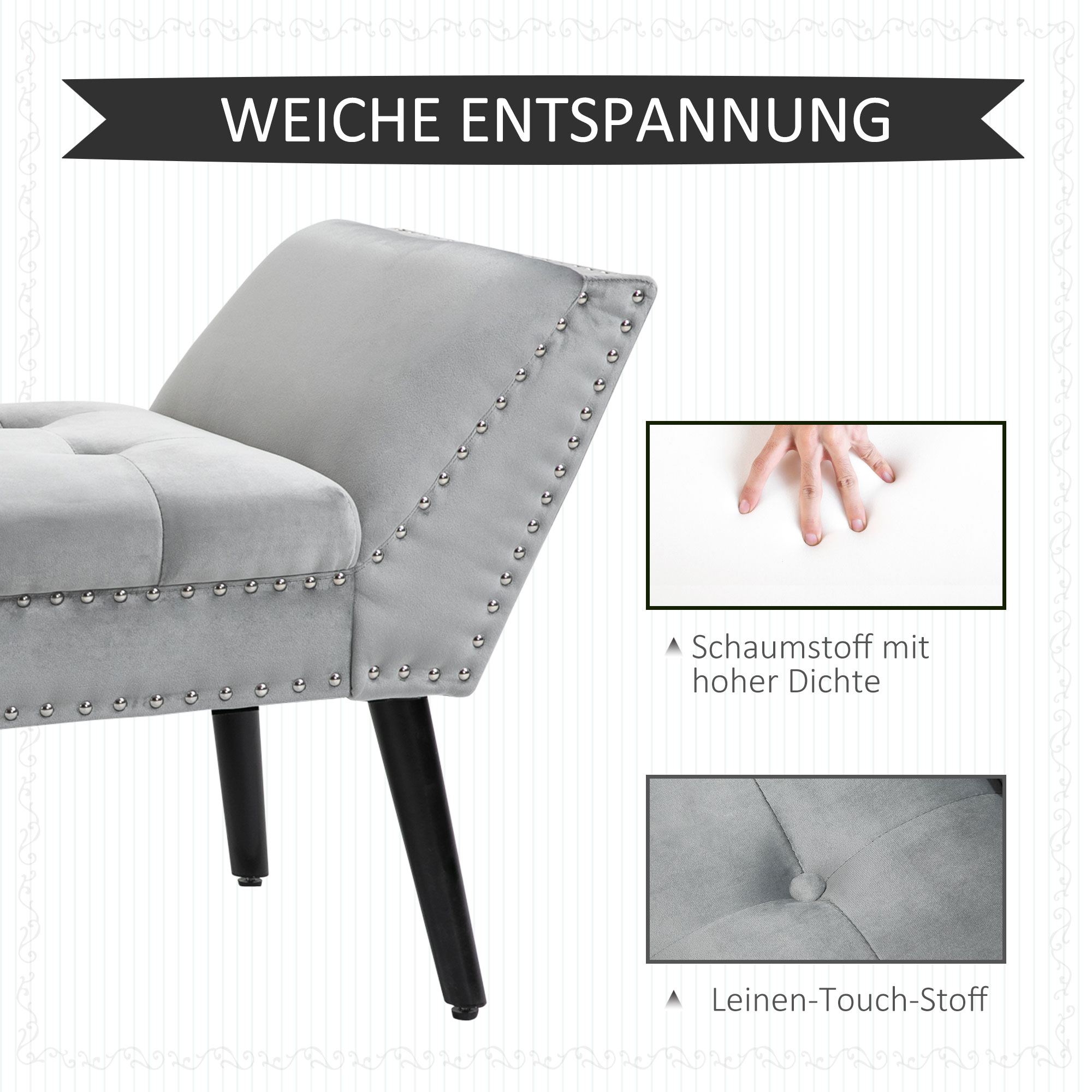 Eine graue Bank mit schwarzen Beinen, Metallnieten und zwei Detailbildern von Schaumstoff und Stoff.