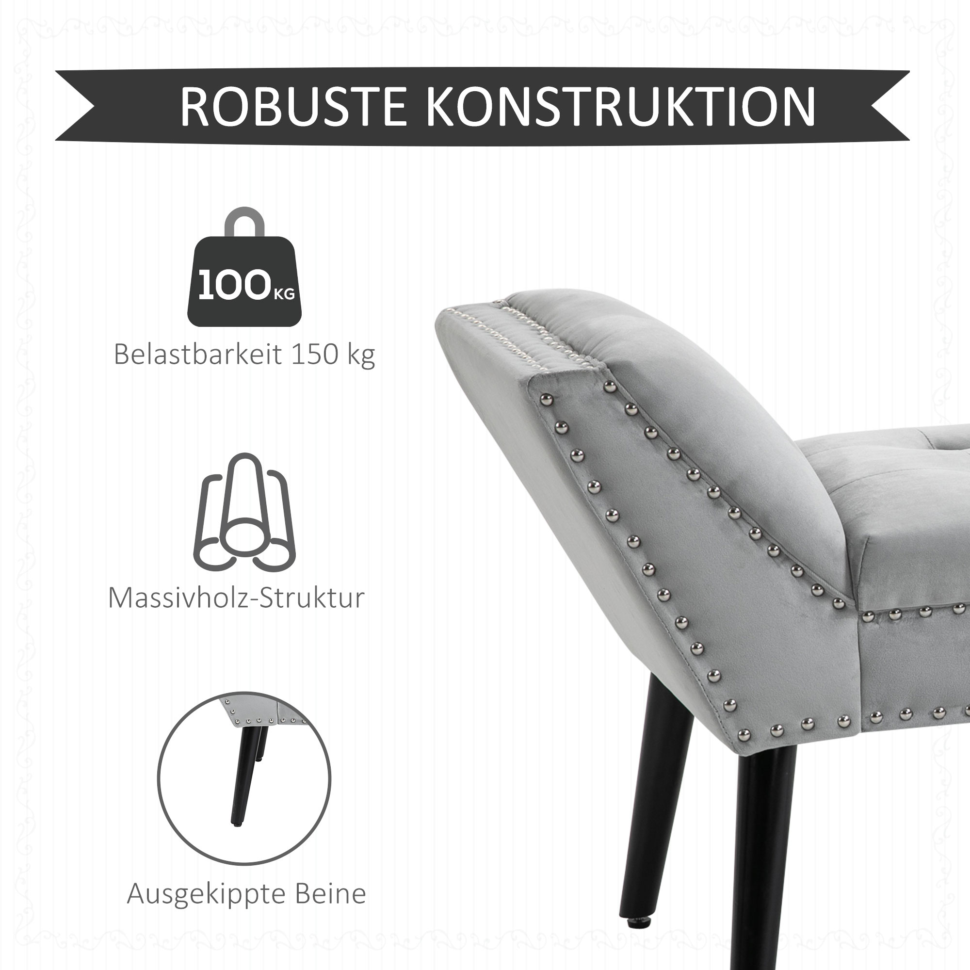 Eine graue Bank mit schwarzen Beinen und Text über ihre Konstruktion.