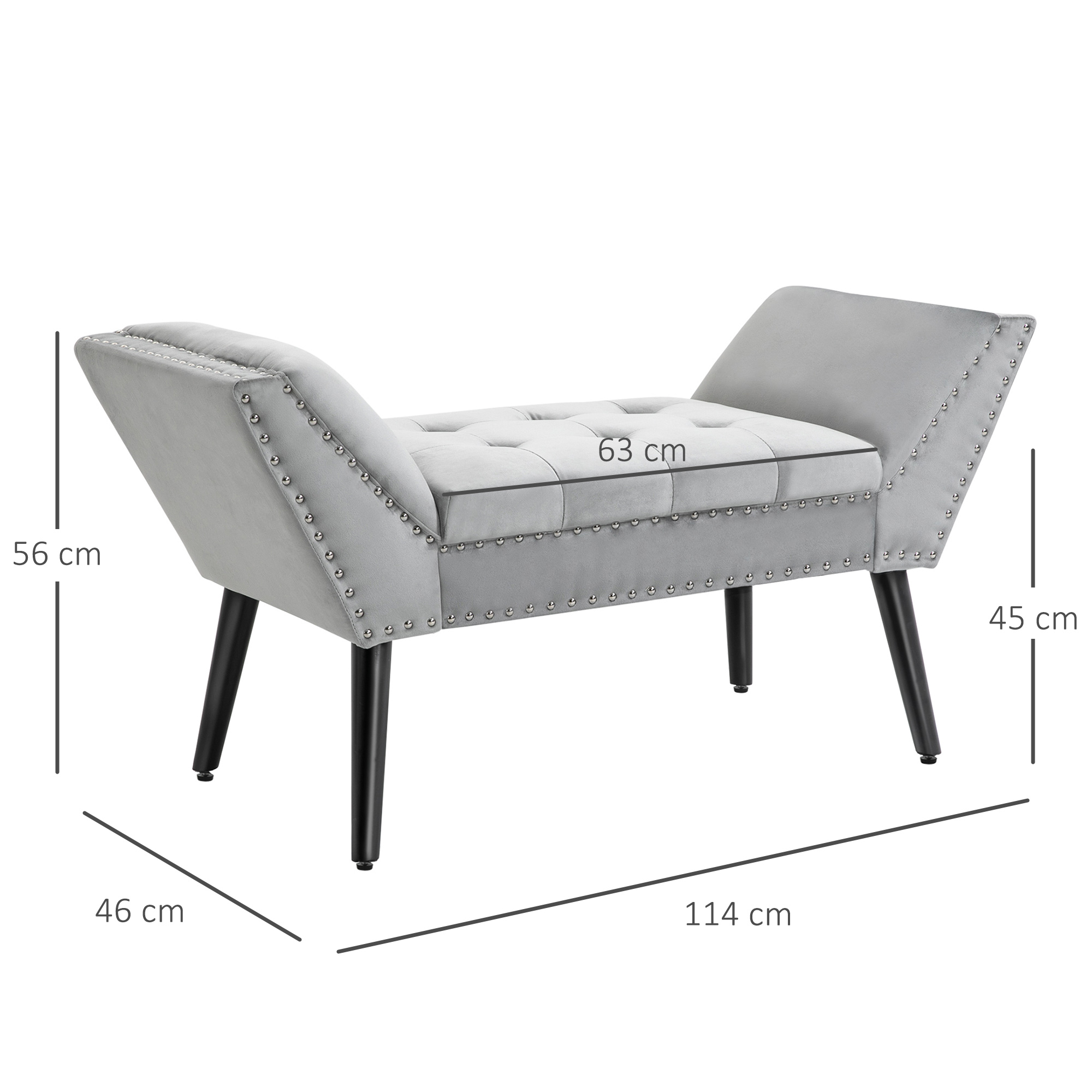 Graue Samtbank mit schwarzen Beinen, Maße: 114x46x56/45/63 cm.
