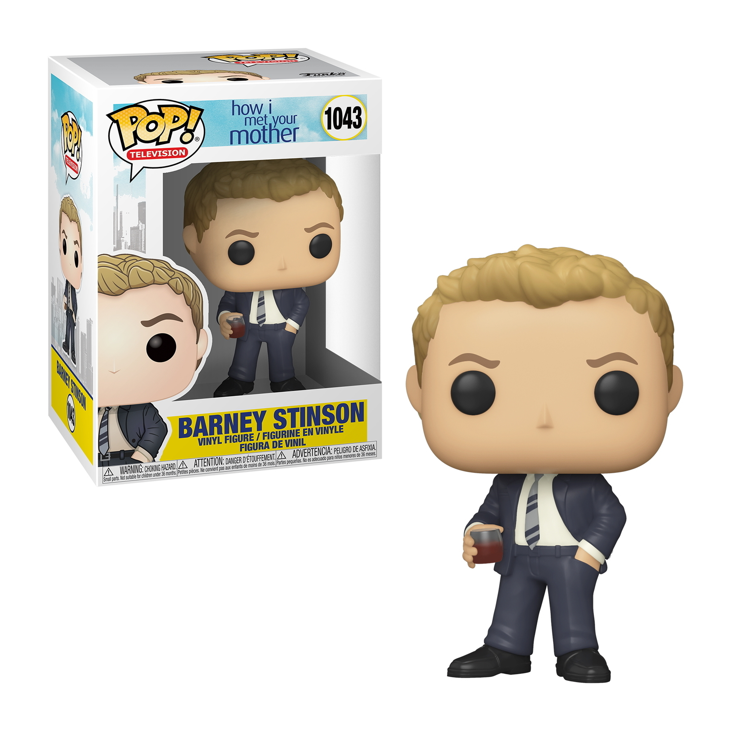 Barney Stinson Funko Pop Figur mit Box. Er trägt einen Anzug und hält ein Getränk.