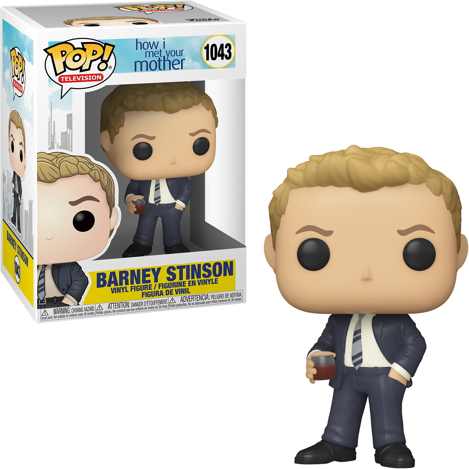 Barney Stinson Figur mit einem Getränk und eine Box mit seinem Bild und Text.