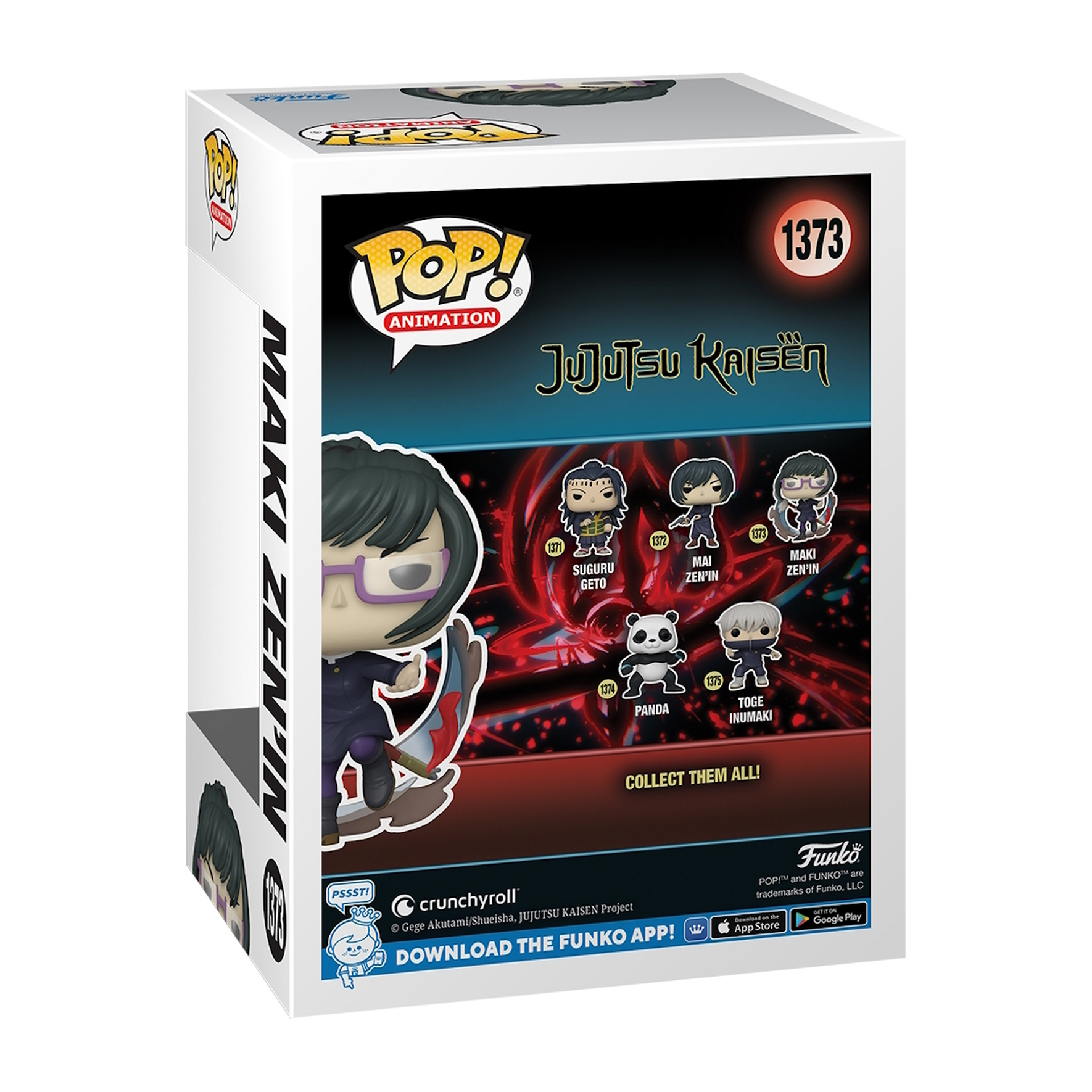 Pudełko Funko Pop z postaciami z Jujutsu Kaisen. Pudełko jest biało-czerwone.