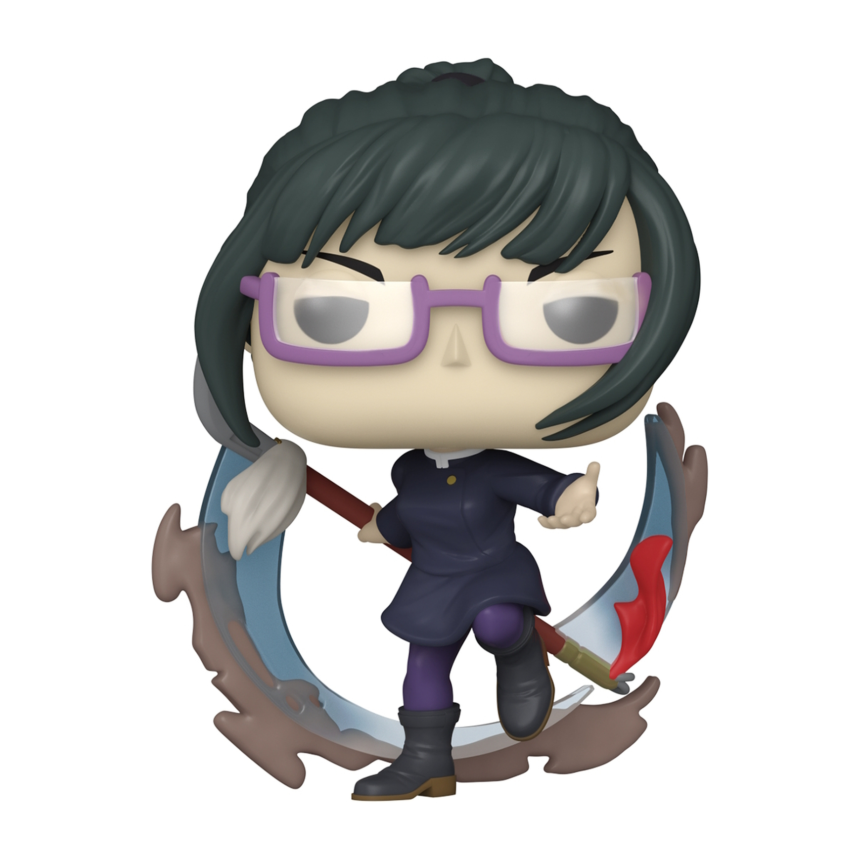 Figurka Funko Pop postaci w fioletowych okularach, trzymającej broń.