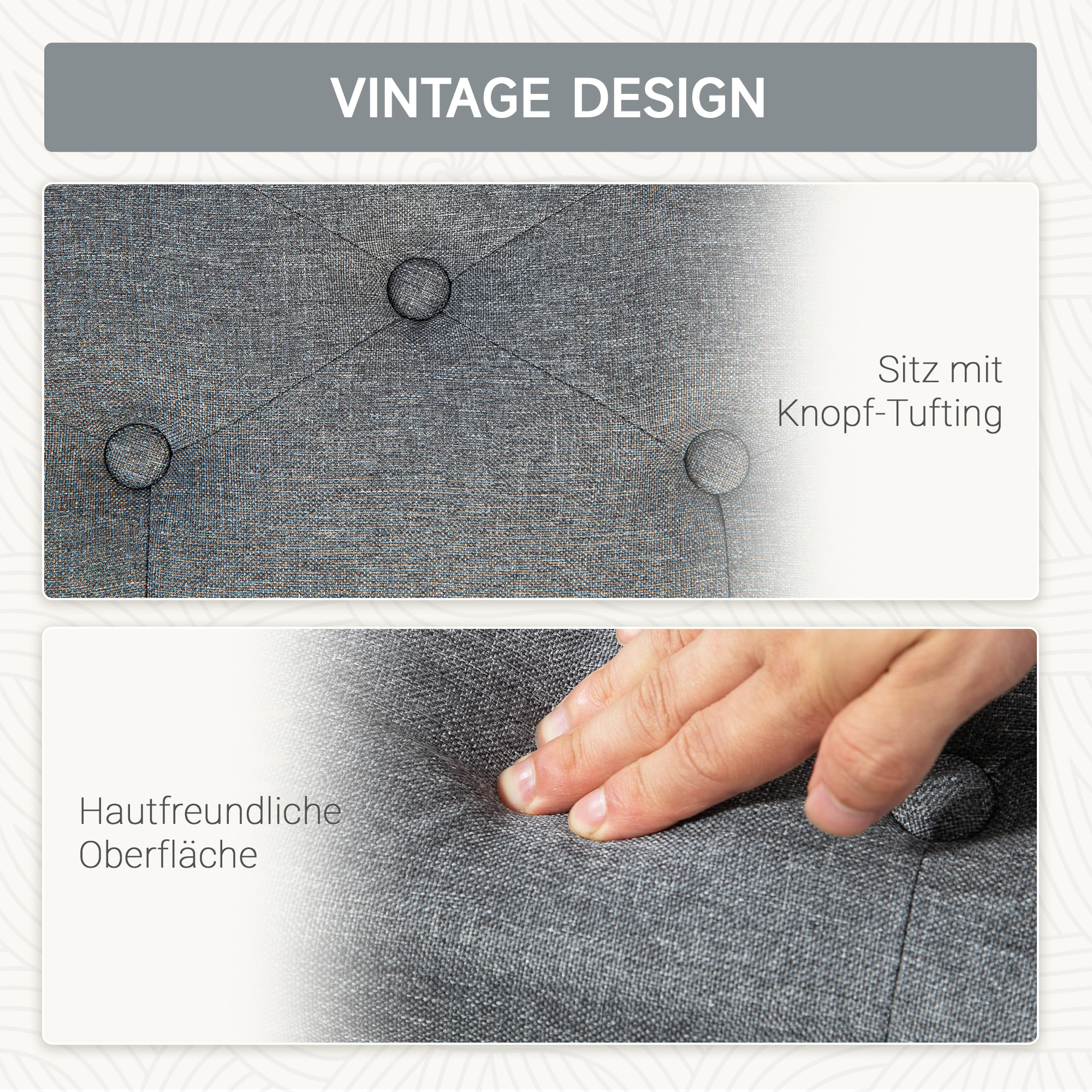 Nahaufnahme von grauem Stoff mit Knöpfen, beschriftet mit 'Vintage Design'.