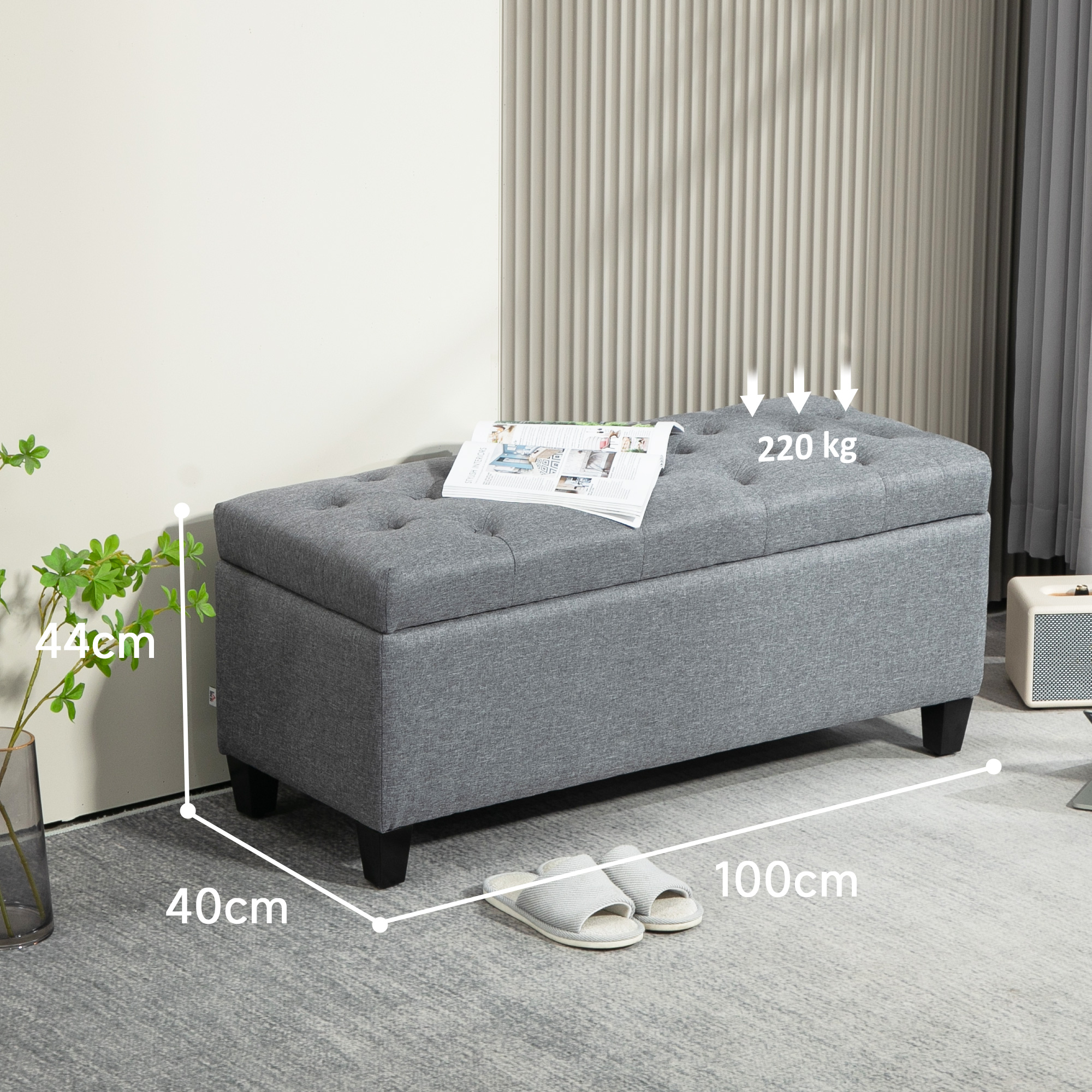 Graue Stauraum-Ottomane mit Zeitschrift, Maße: 40cm, 100cm, 44cm, 220kg Belastbarkeit.