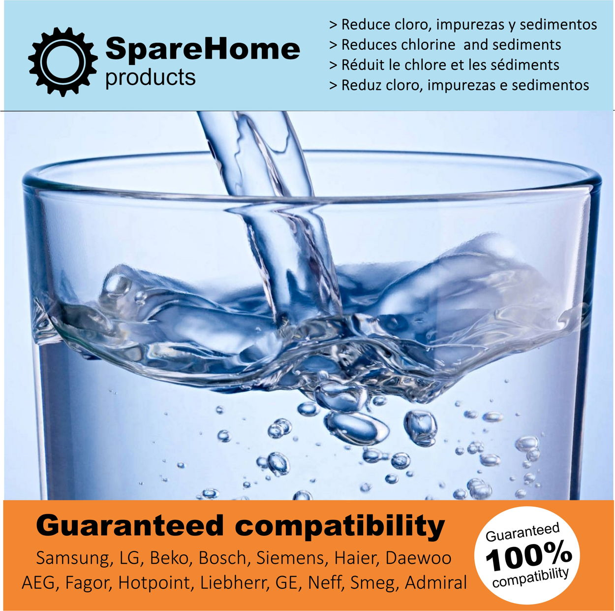 Agua vertiéndose en un vaso, con el logotipo de SpareHome products.