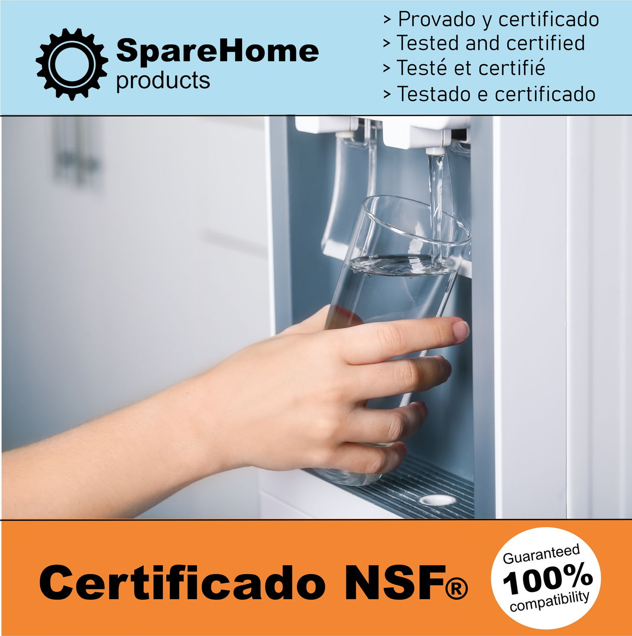 Una persona llenando un vaso con agua de un dispensador, con texto.
