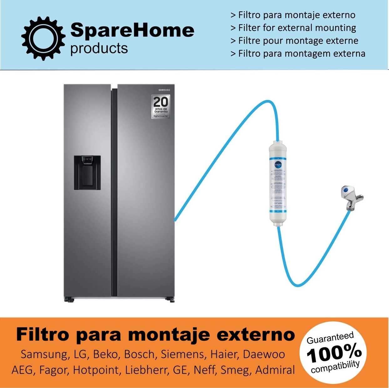 Un frigorífico con un sistema de filtro de agua externo.