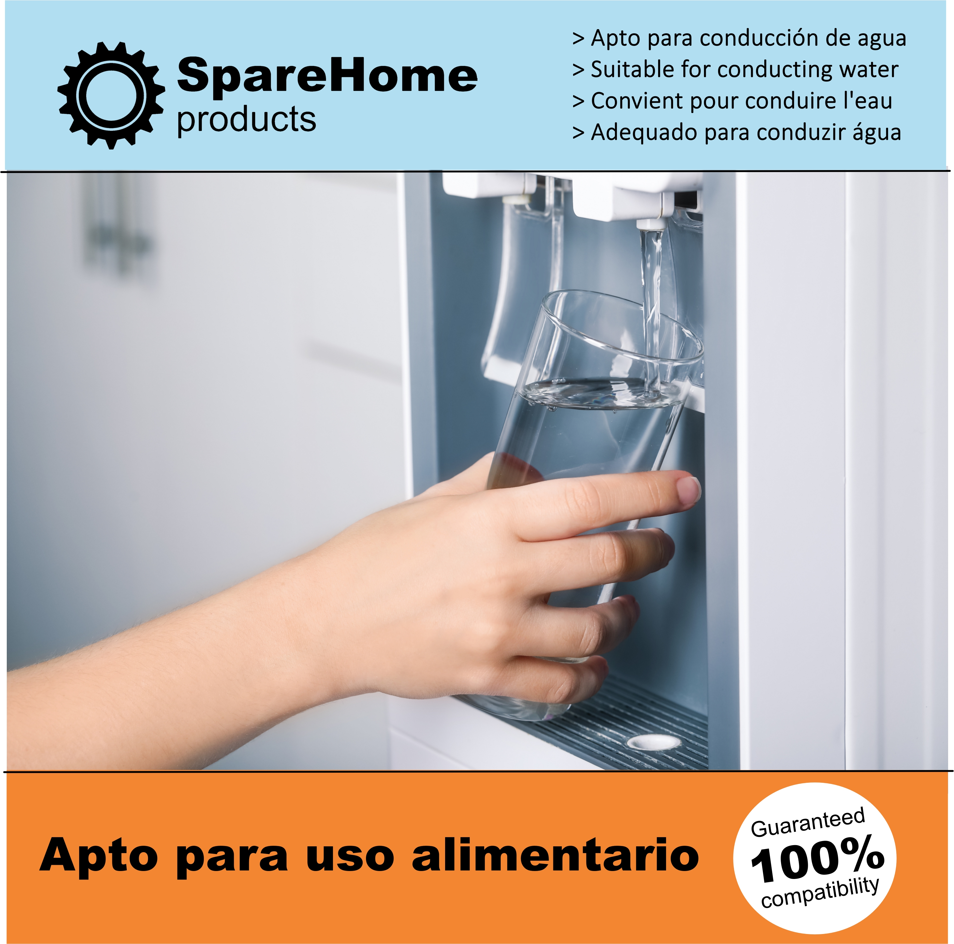 Dispensador de agua llenando un vaso. Texto: "Apto para uso alimentario" y "100% compatibilidad".