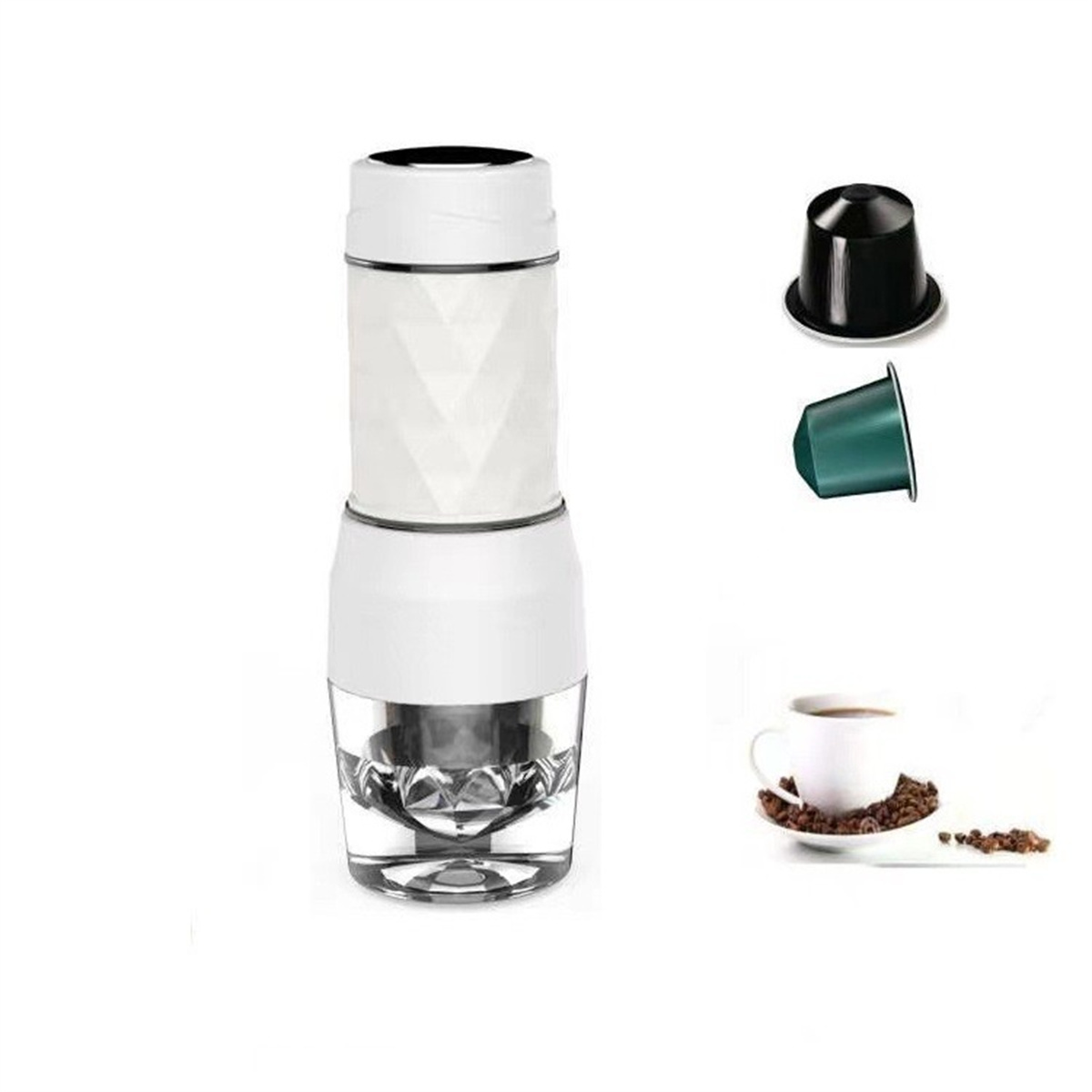 Eine weiße und klare Kaffeemaschine mit Kaffeepads und einer Tasse Kaffee.