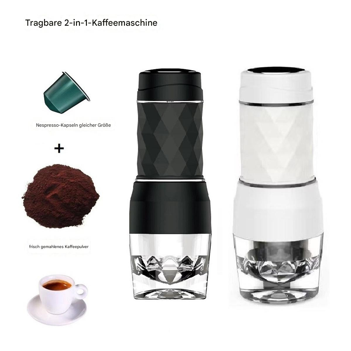 Zwei tragbare Espressomaschinen, eine schwarze und eine weiße. Kaffeebohnen und eine Tasse daneben.