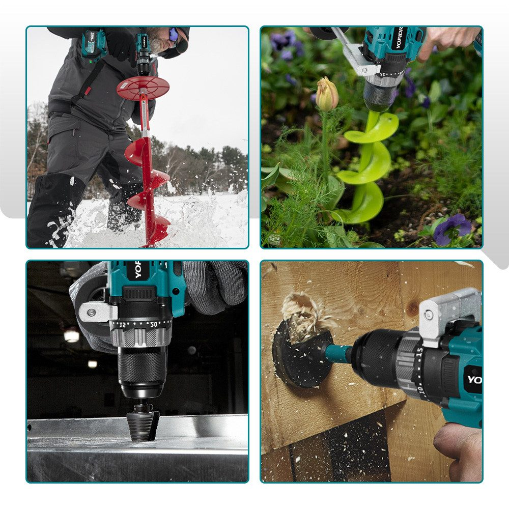 Vier Bilder von Bohrmaschinen in verschiedenen Umgebungen: Eis, Garten, Metall und Holz.