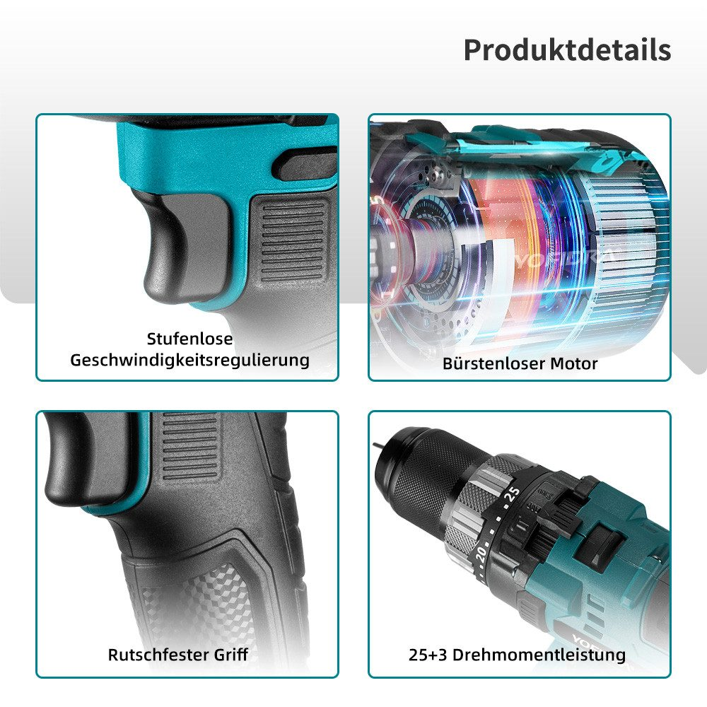 Nahaufnahmen einer Bohrmaschine, die Drehzahlregulierung, Griff und Drehmomenteinstellungen zeigen.
