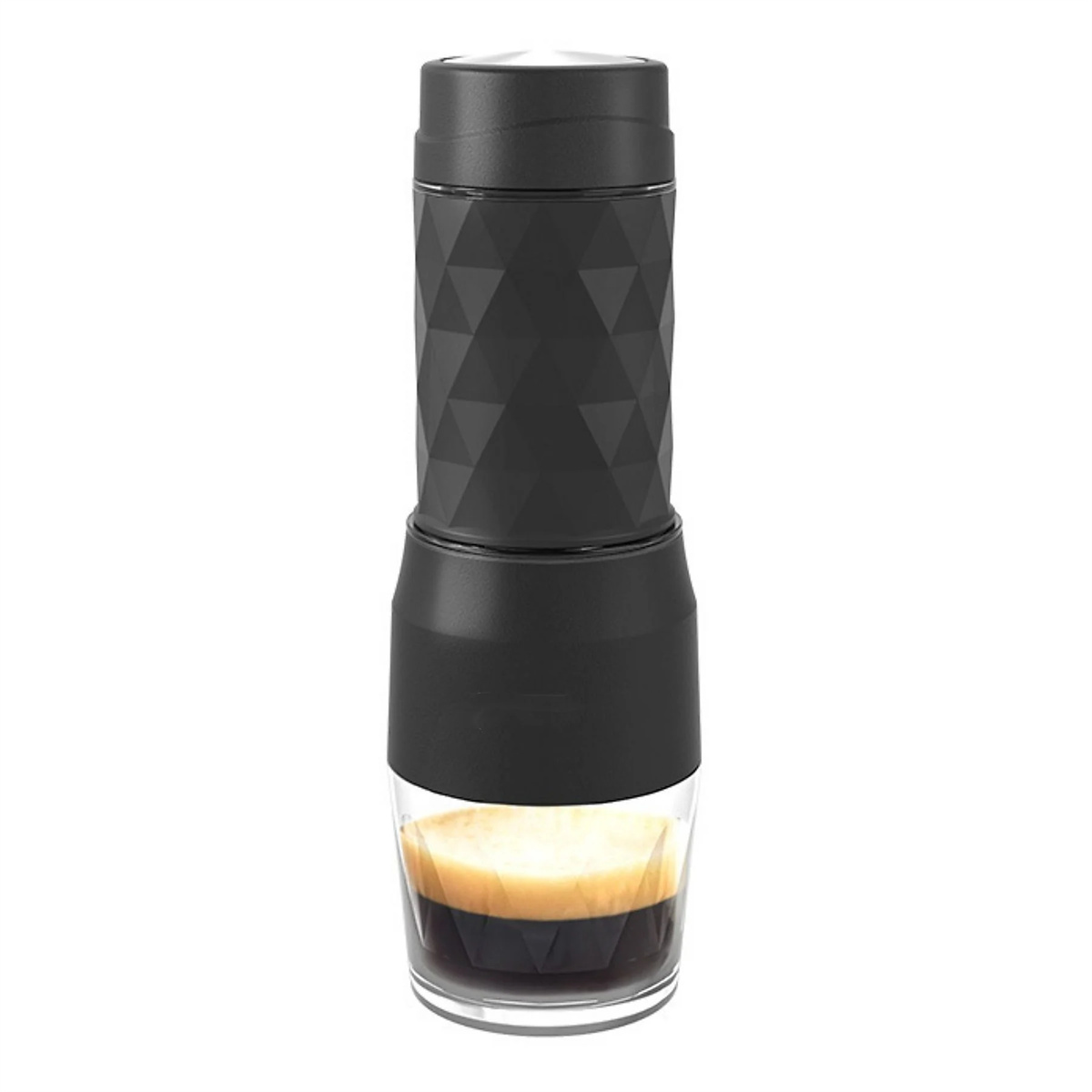 Schwarzer und silberner tragbarer Espressomacher mit Klarglas.