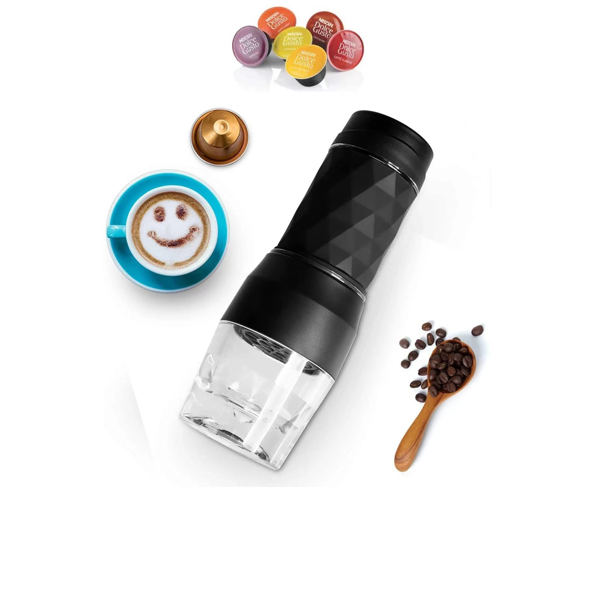 Kaffeemaschine mit Kaffeebohnen, einem Holzlöffel und Kaffeepads. Eine Tasse Kaffee mit einem Smiley-Gesicht.