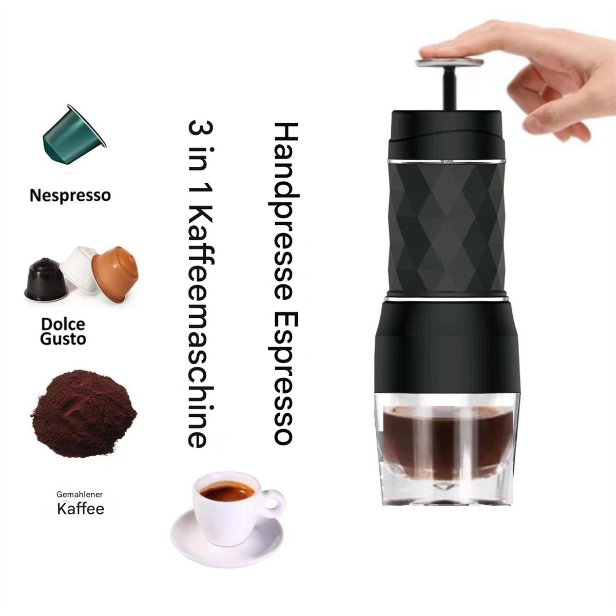 3-in-1 Handpress-Espressomaschine mit Kapseln, gemahlenem Kaffee und einer Tasse Espresso.