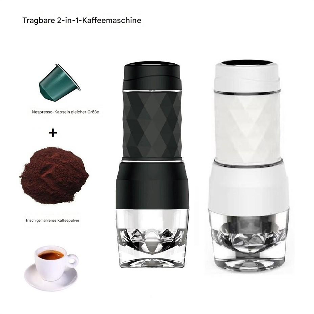 Kaffeemaschine mit Kapsel und Kaffeepulver sowie eine Tasse Kaffee.