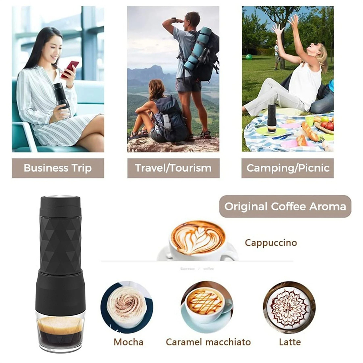 Tragbare Espressomaschine mit Kaffee-Illustrationen, die Verwendungszwecke zeigen: Geschäftsreise, Tourismus, Camping.