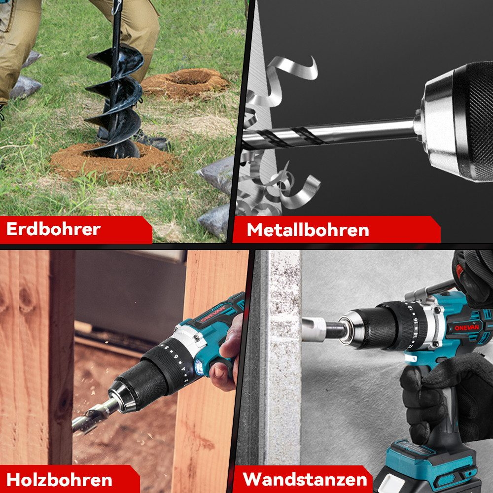 Collage: Erdbohrer, Metallbohrer, Holzbohrer und Wandbohrer. Jedes Werkzeug wird in Benutzung gezeigt.