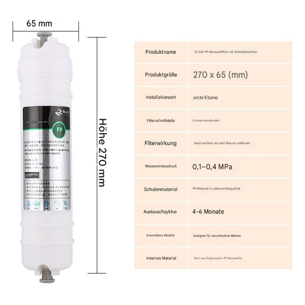Weißer Wasserfilter. Details umfassen Produktname, Größe und Filterspezifikationen auf Deutsch. Schwarzer Text auf Weiß.
