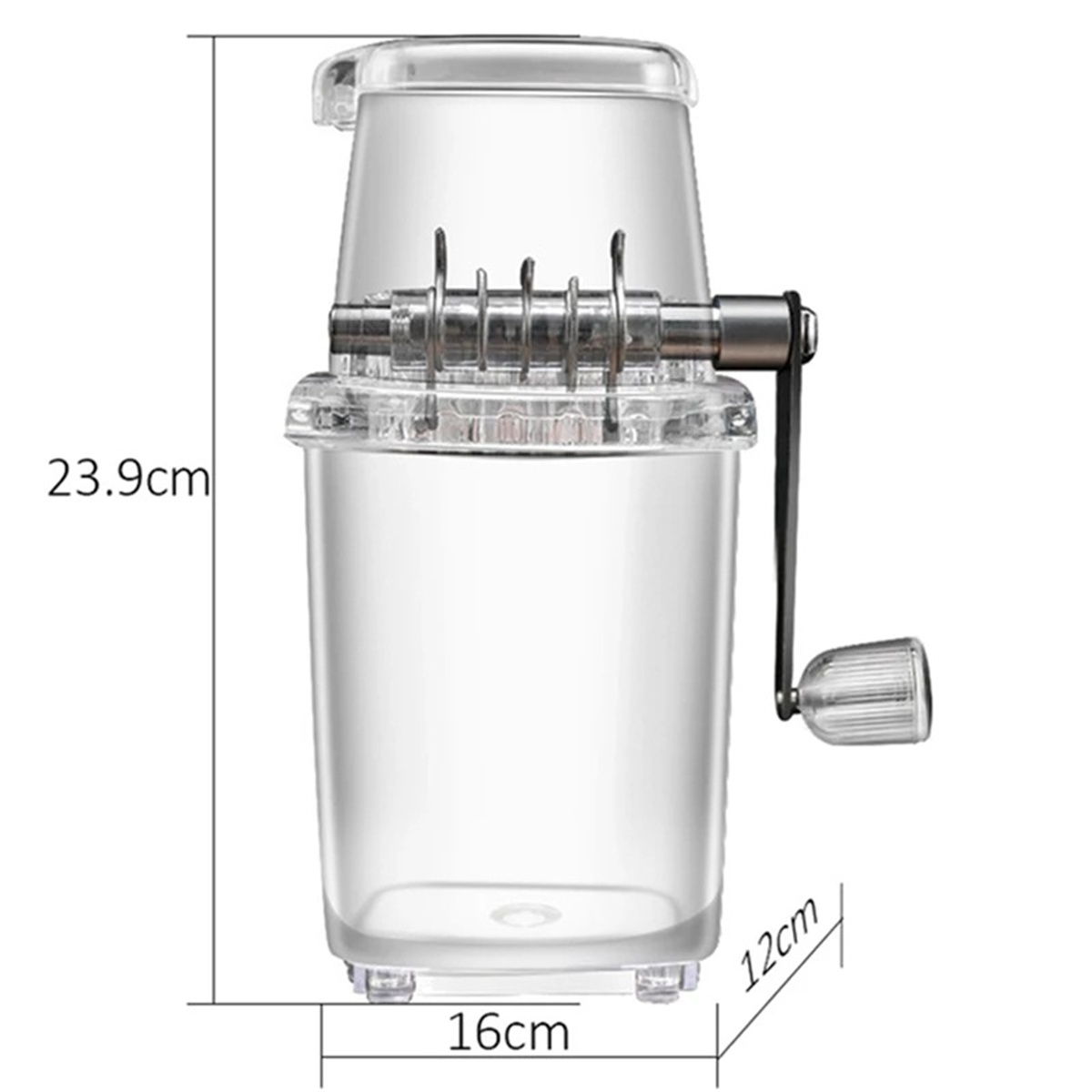 Eine transparente Eisschneidemaschine mit Griff und Messungen.