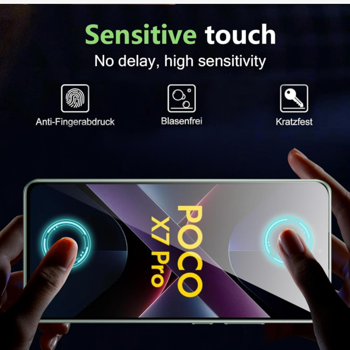 Mani che toccano lo schermo di un telefono. Testo: Tocco sensibile, senza ritardo, alta sensibilità. Icone: impronta digitale, senza bolle, antigraffio.
