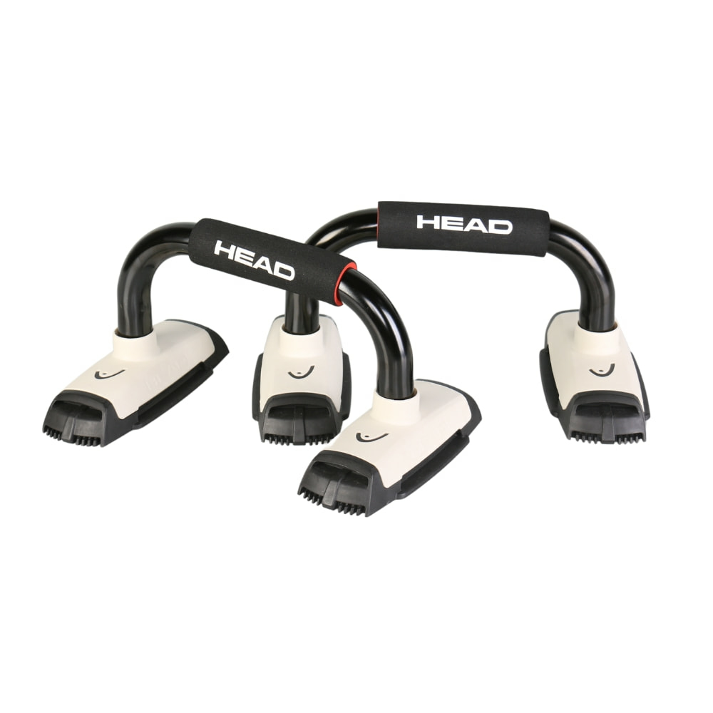 Dos barras para flexiones, negras con base blanca y marca Head en el mango.