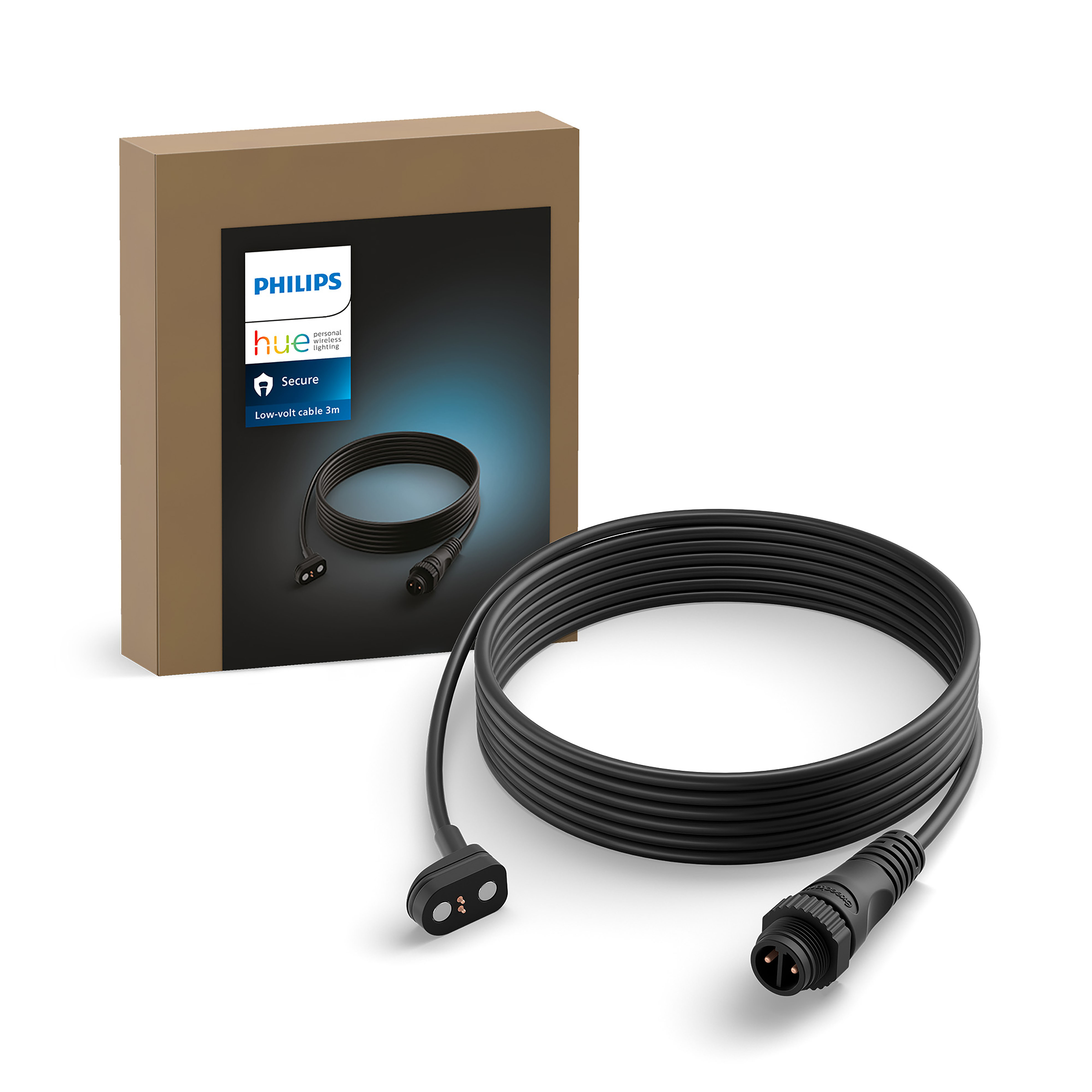 Zwarte kabel en doos. De doos toont het merk en de productnaam.