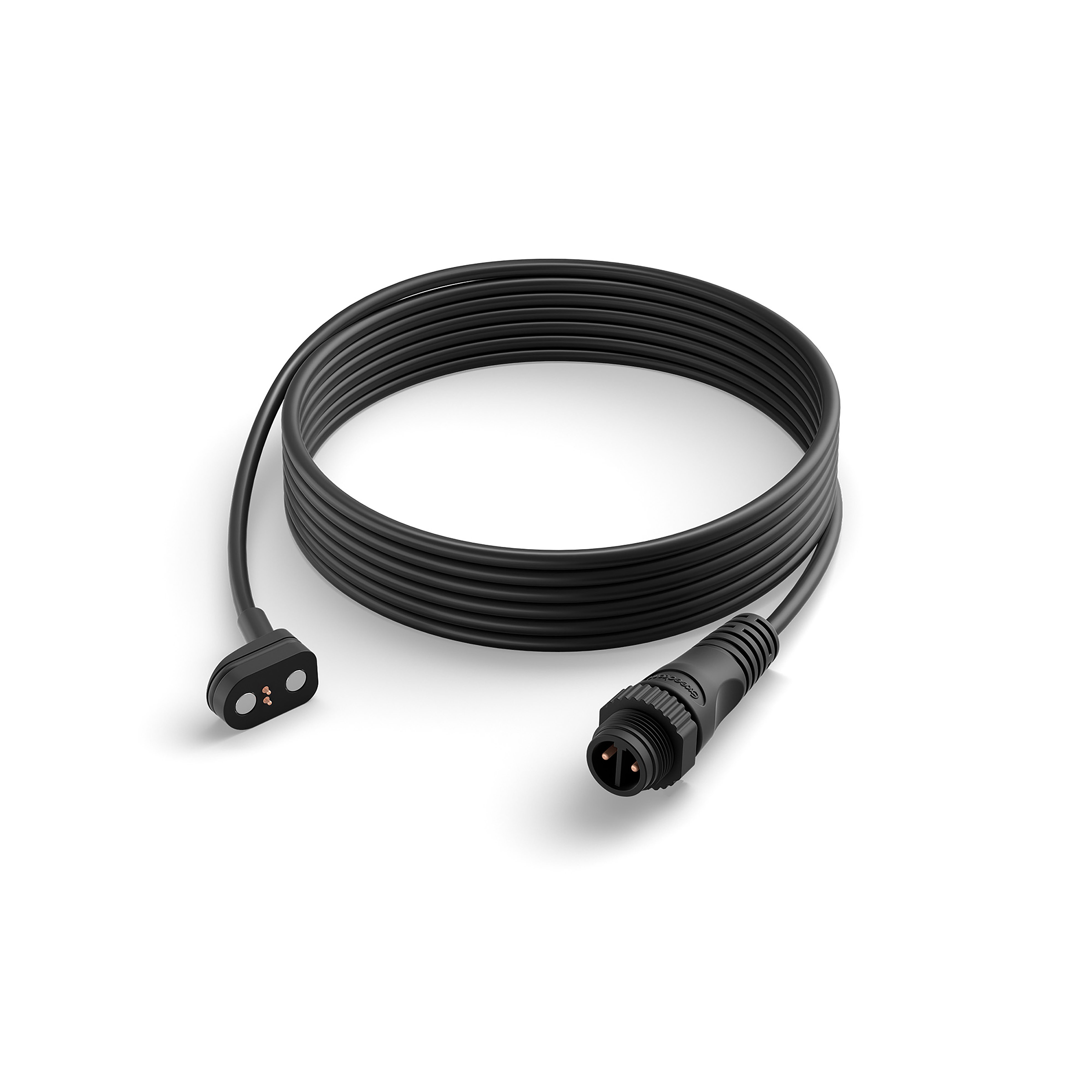 Een zwarte kabel met twee connectoren, opgerold op een wit oppervlak.