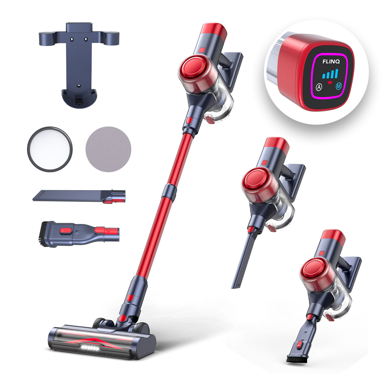 A cordless vacuum cleaner with several attachments, and a small display on the device.
