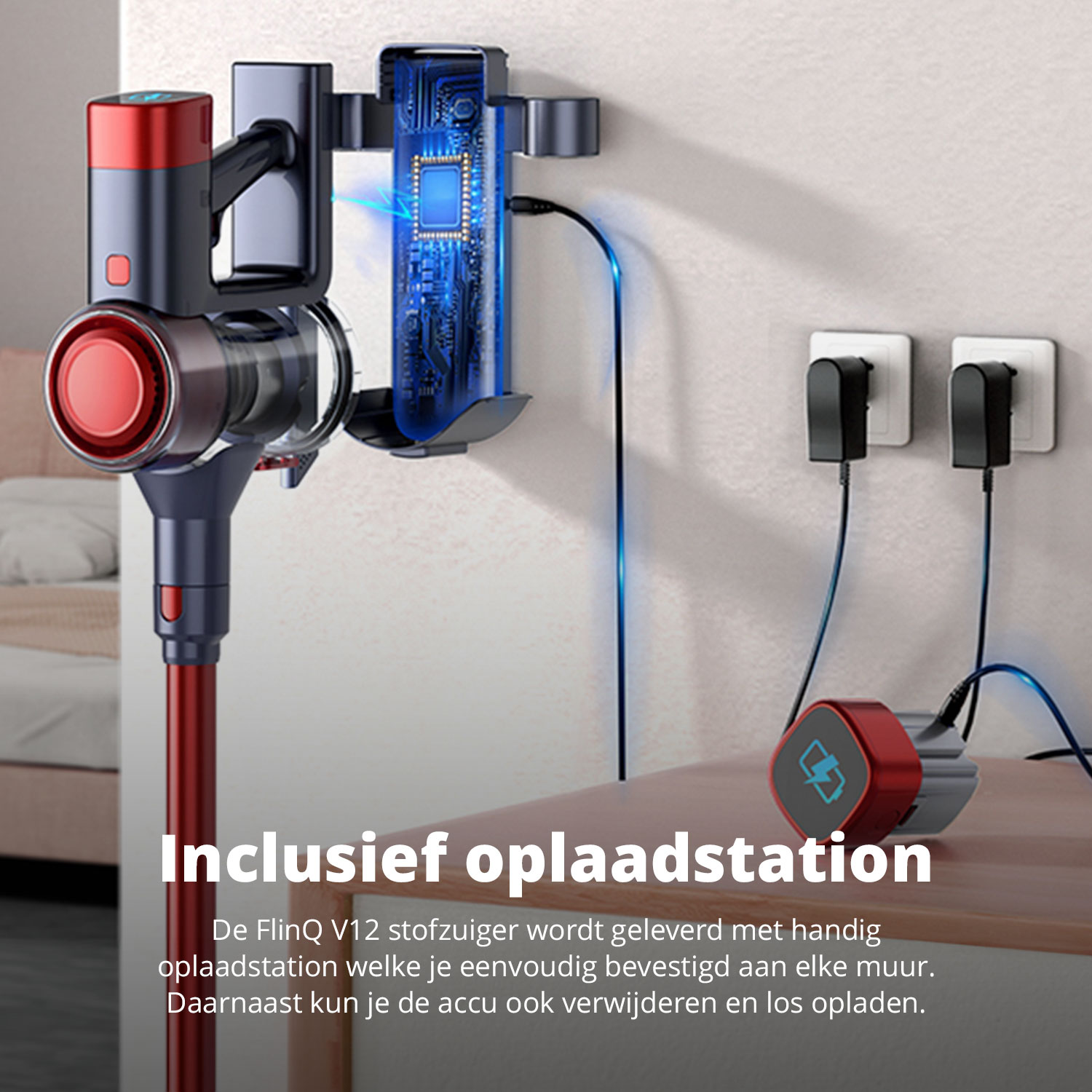 Aspirateur avec station de recharge, le texte dit : Inclusief oplaadstation.