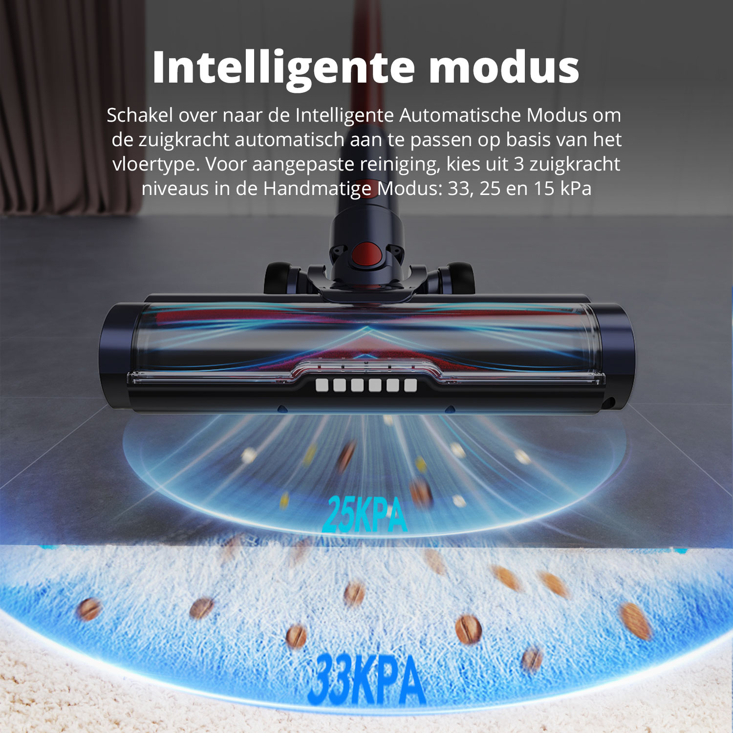 L'image montre la tête d'un aspirateur avec une lumière bleue sur une surface grise.