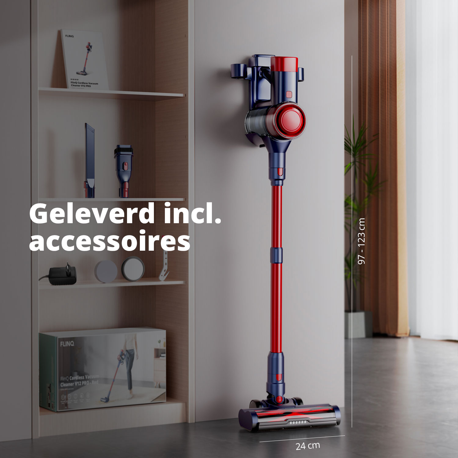A red and blue vacuum cleaner is displayed with included accessories and size dimensions.