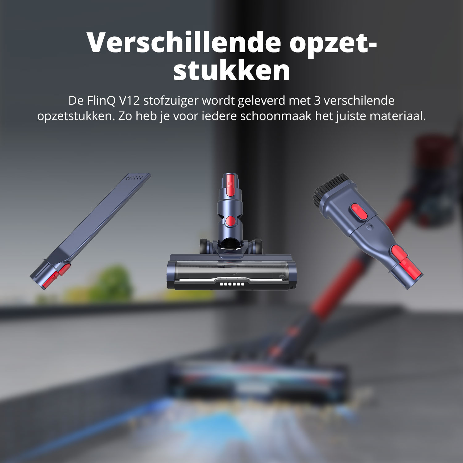Un gros plan de divers accessoires pour un aspirateur bleu et rouge.