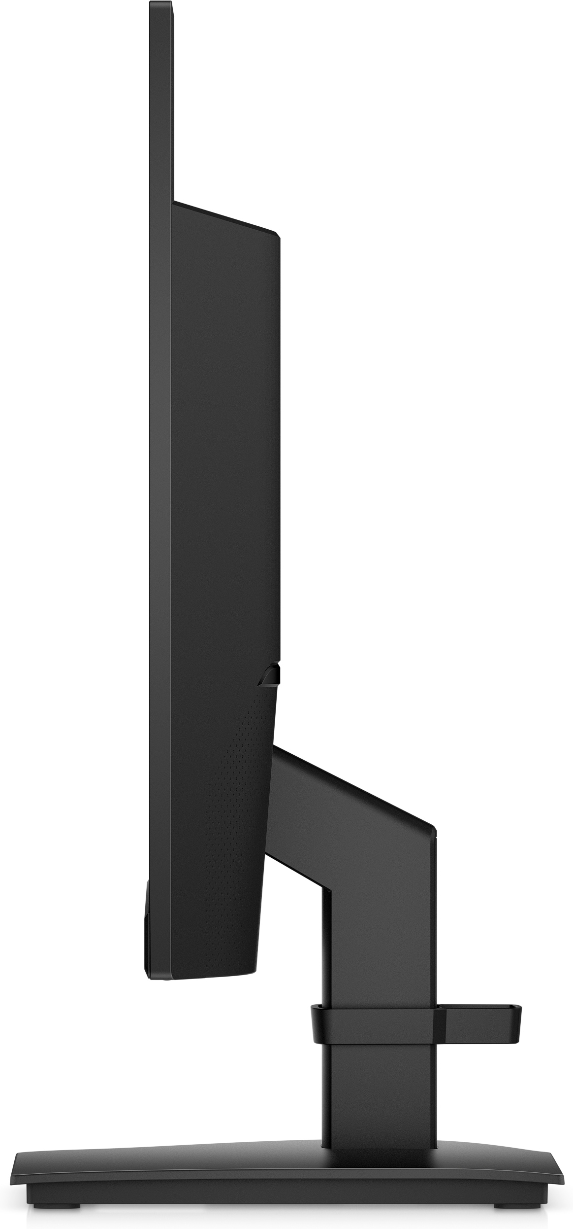 Side view of a black monitor with a stand, showcasing its design and structure.