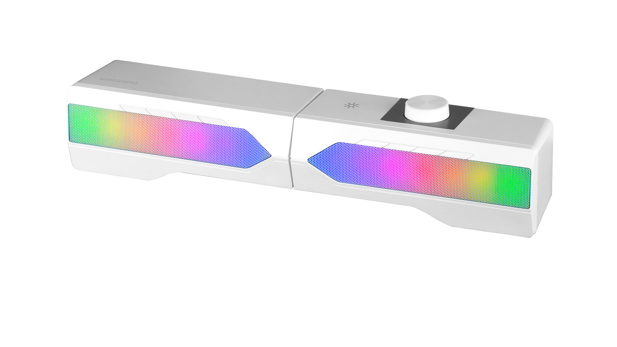 Un altoparlante bianco con luci a LED colorate e una manopola di controllo del volume sulla parte superiore.