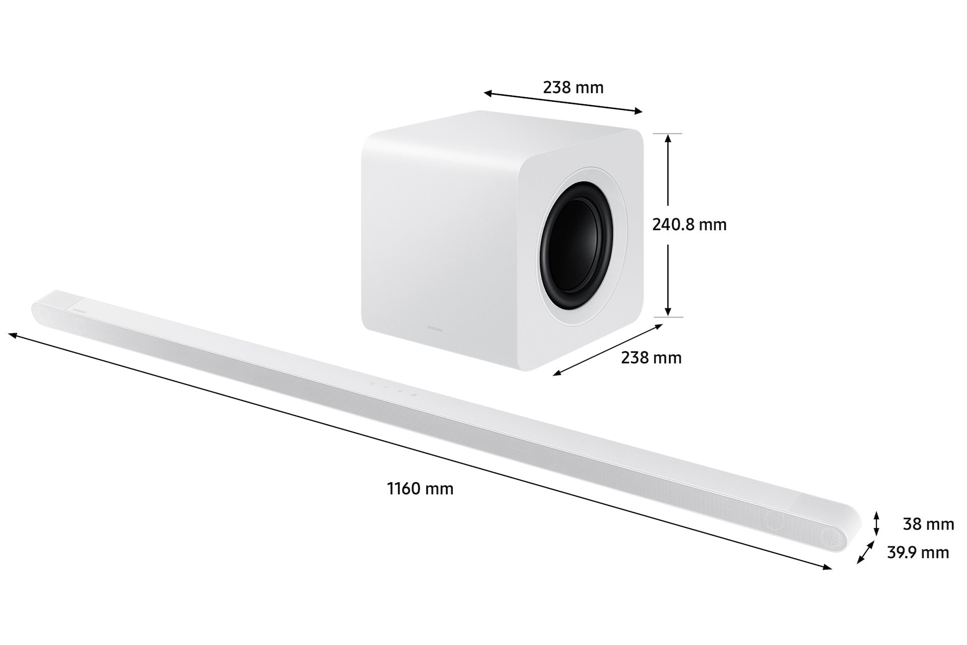 Biały soundbar z białym subwooferem. Soundbar ma 1160 mm długości. Subwoofer ma wymiary 238x238x240,8 mm.