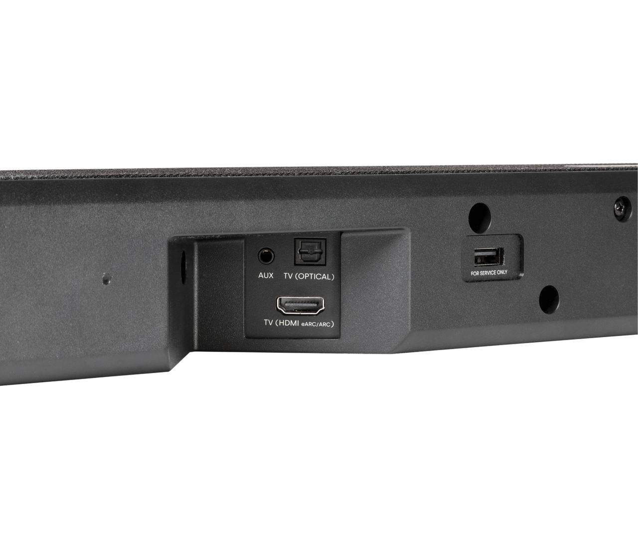 Zbliżenie tylnego panelu czarnego soundbaru z różnymi portami wejściowymi, w tym HDMI i AUX.