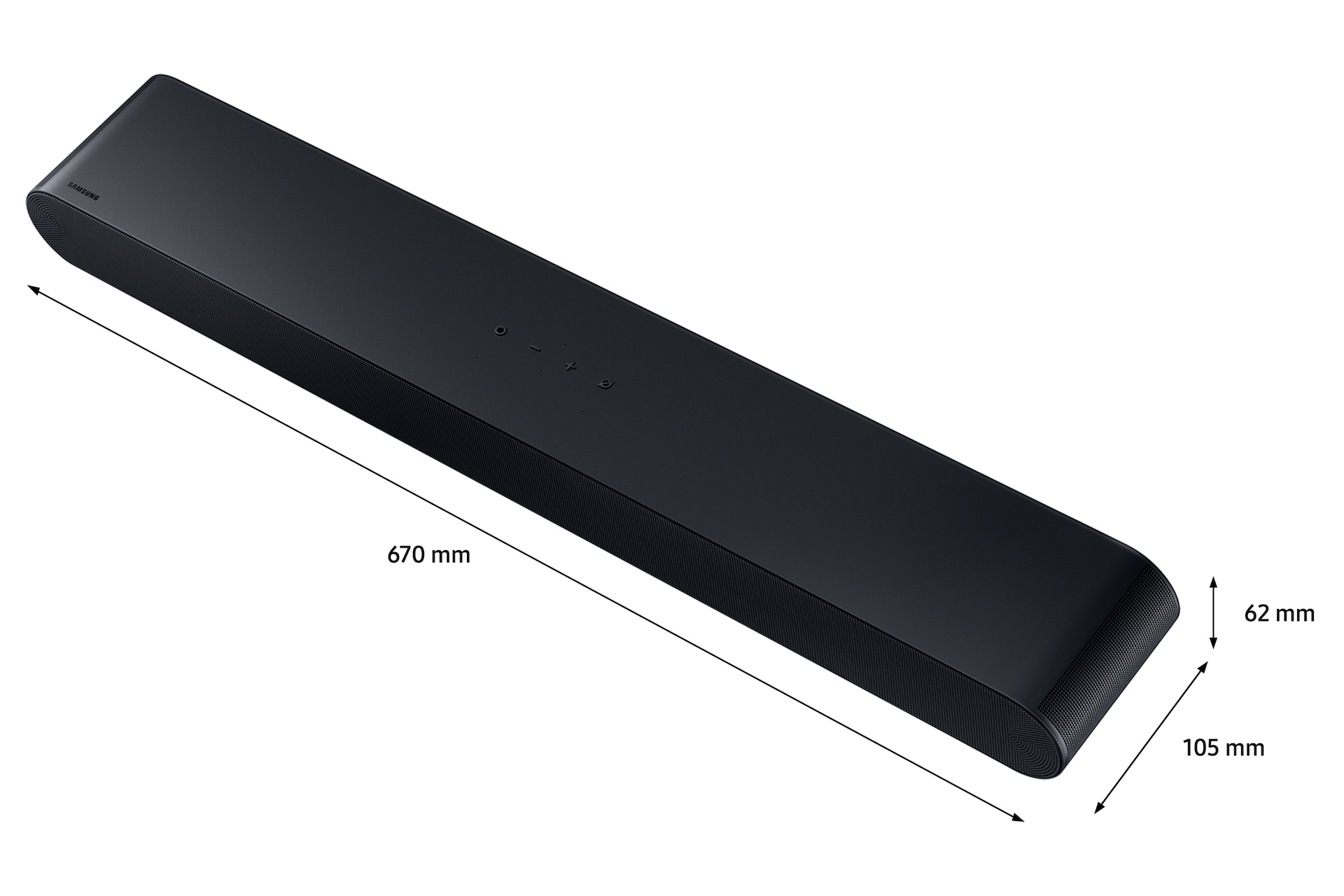 Czarny soundbar z wymiarami w milimetrach, ustawiony pod kątem do wyświetlania.