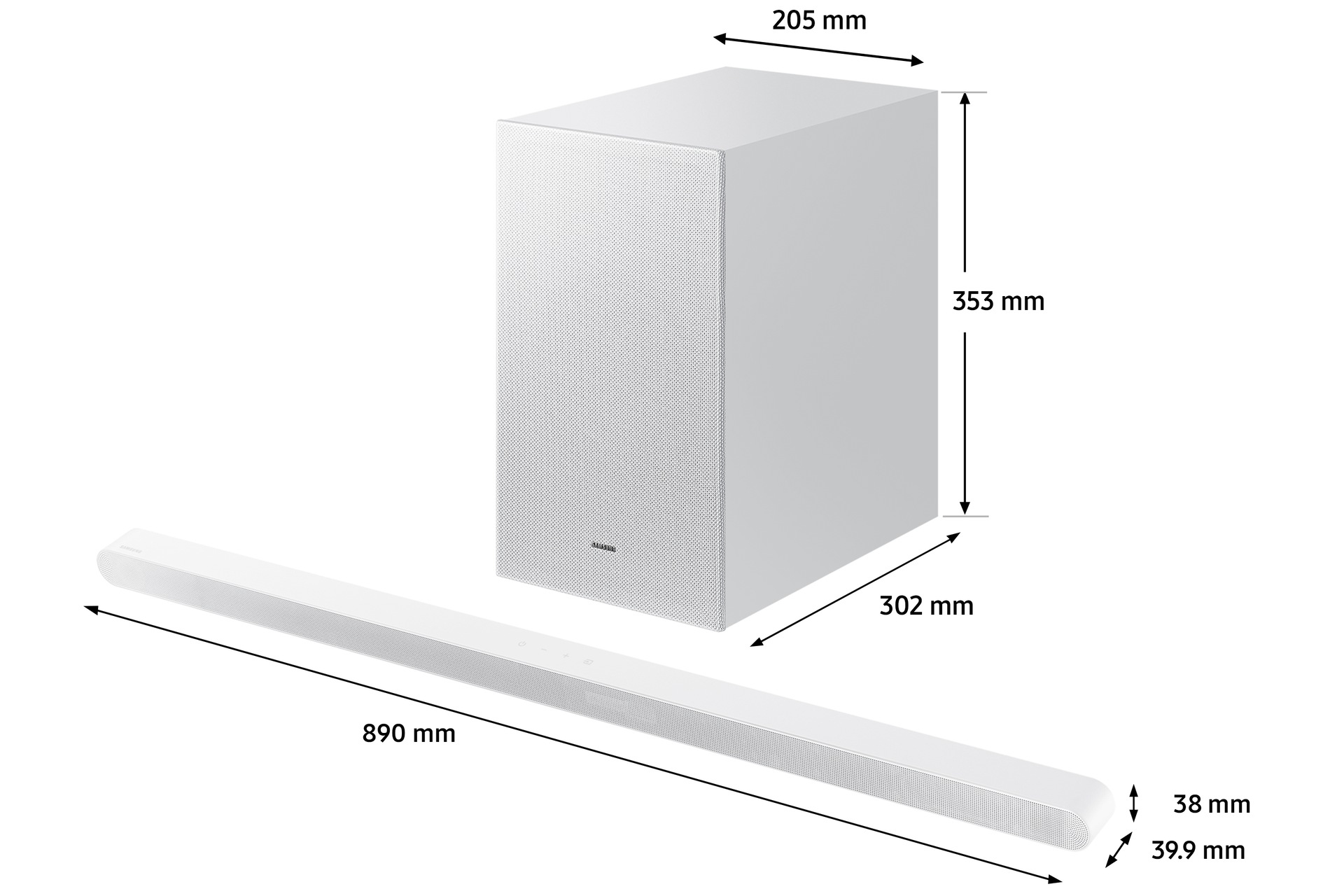 Biały soundbar i subwoofer z wymiarami wskazanymi przez linie i liczby.