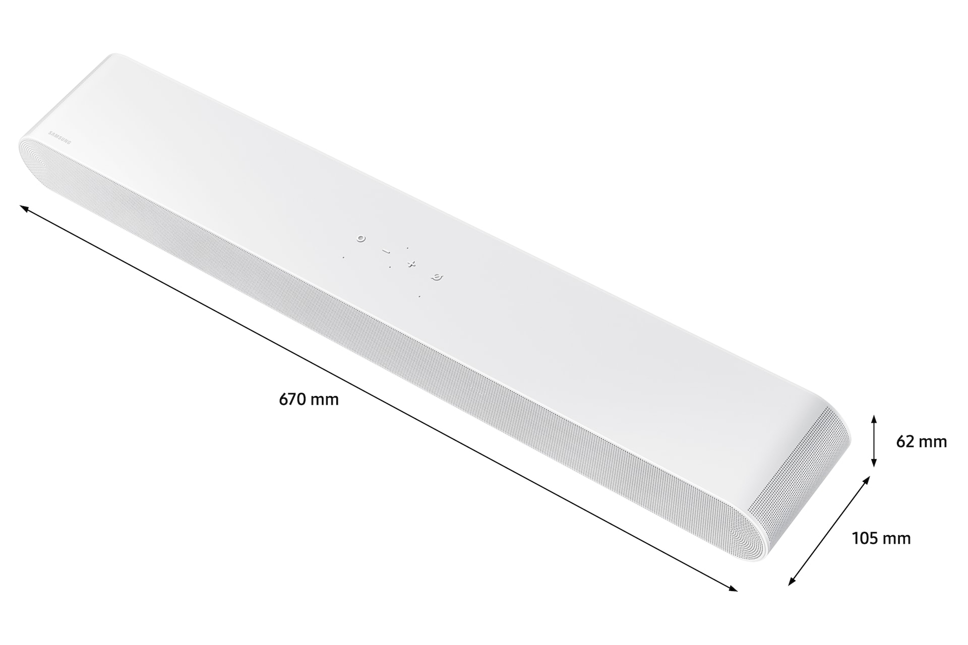 Biały soundbar z wymiarami, widok z góry.