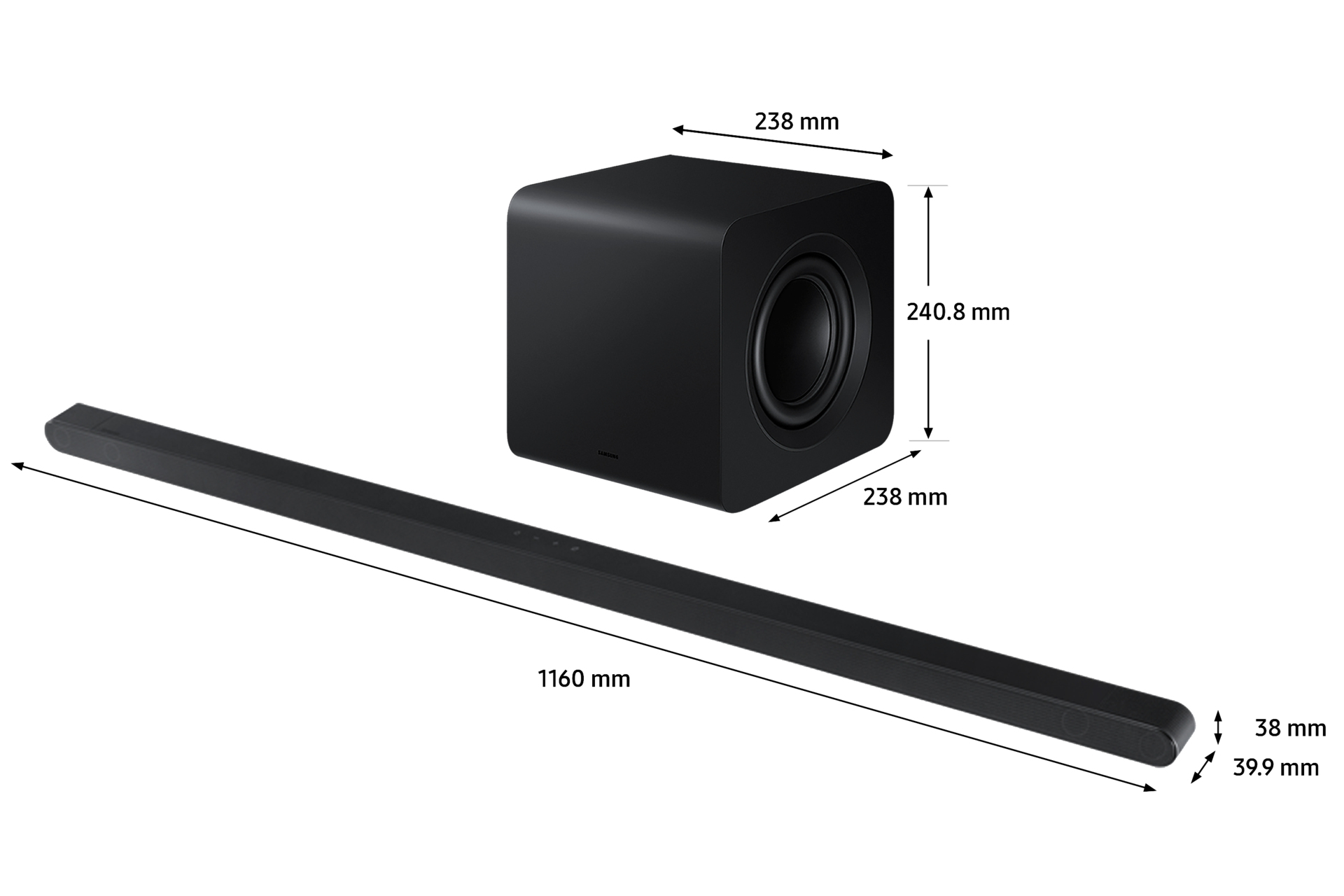 Czarny soundbar i subwoofer z oznaczonymi wymiarami.