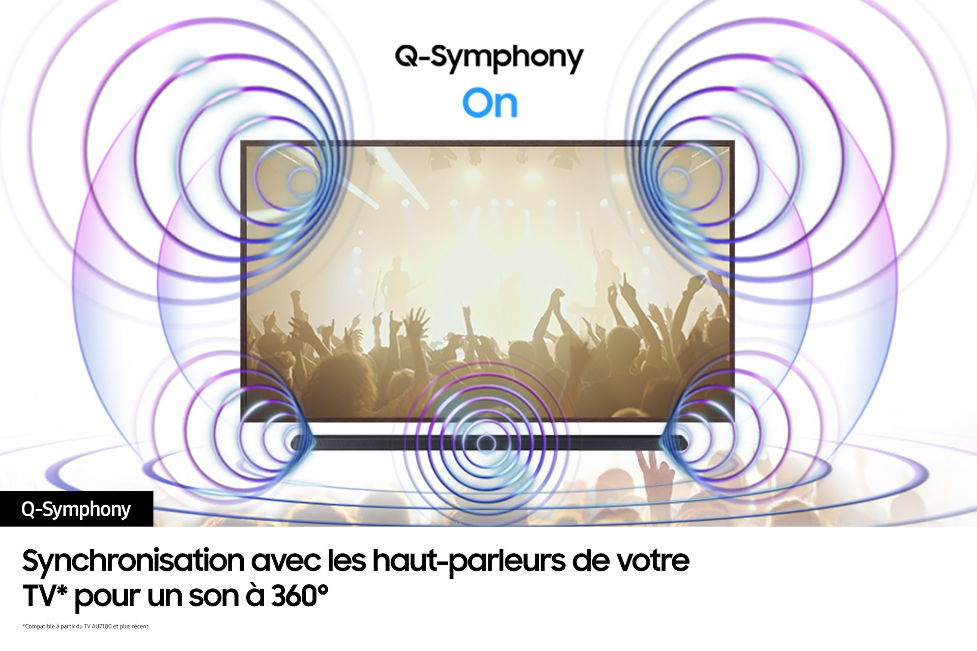 Telewizor Samsung z tłumem oglądającym koncert na ekranie, z emitowanymi falami dźwiękowymi.