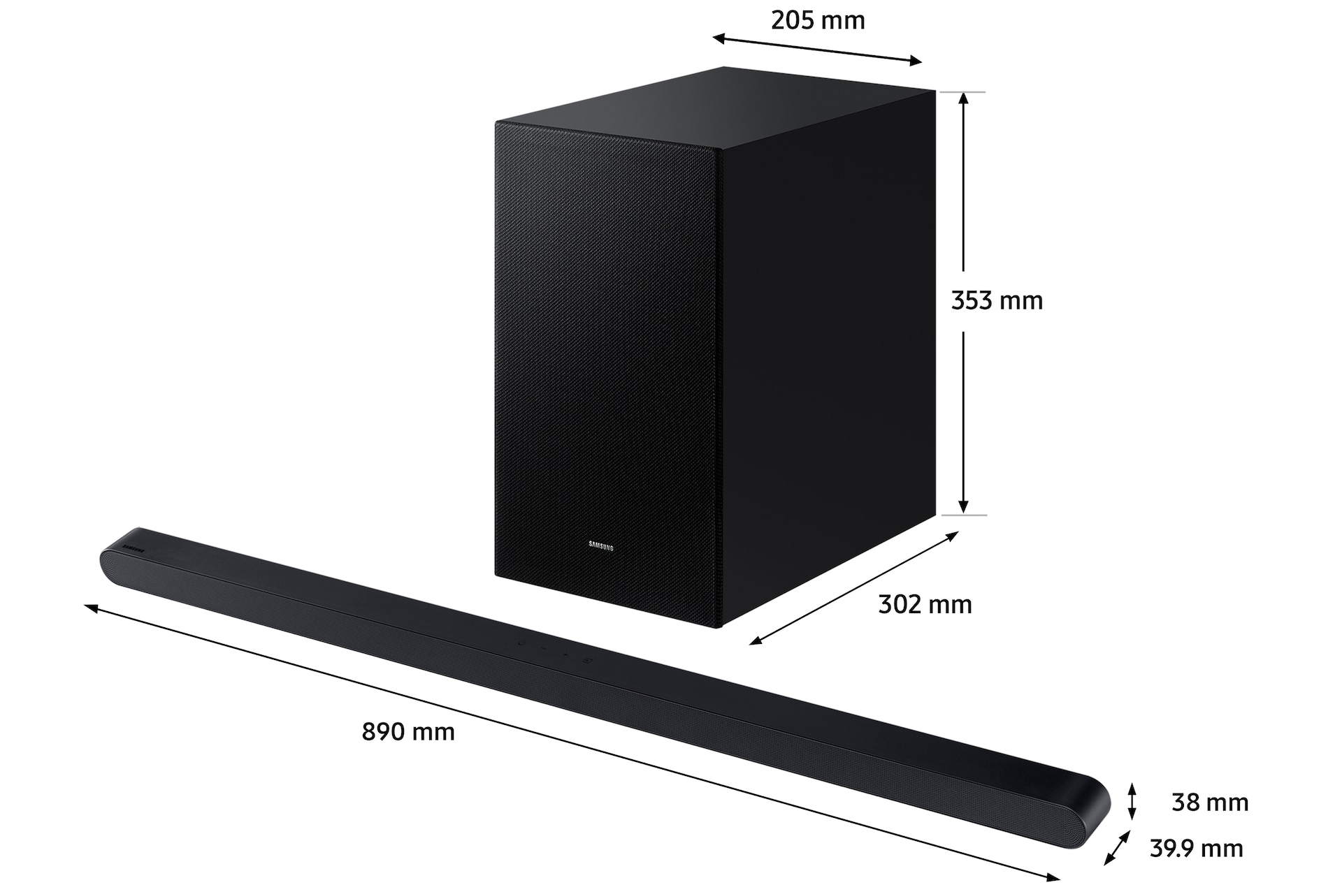 Soundbar i subwoofer, z wymiarami. Głośnik jest czarny.